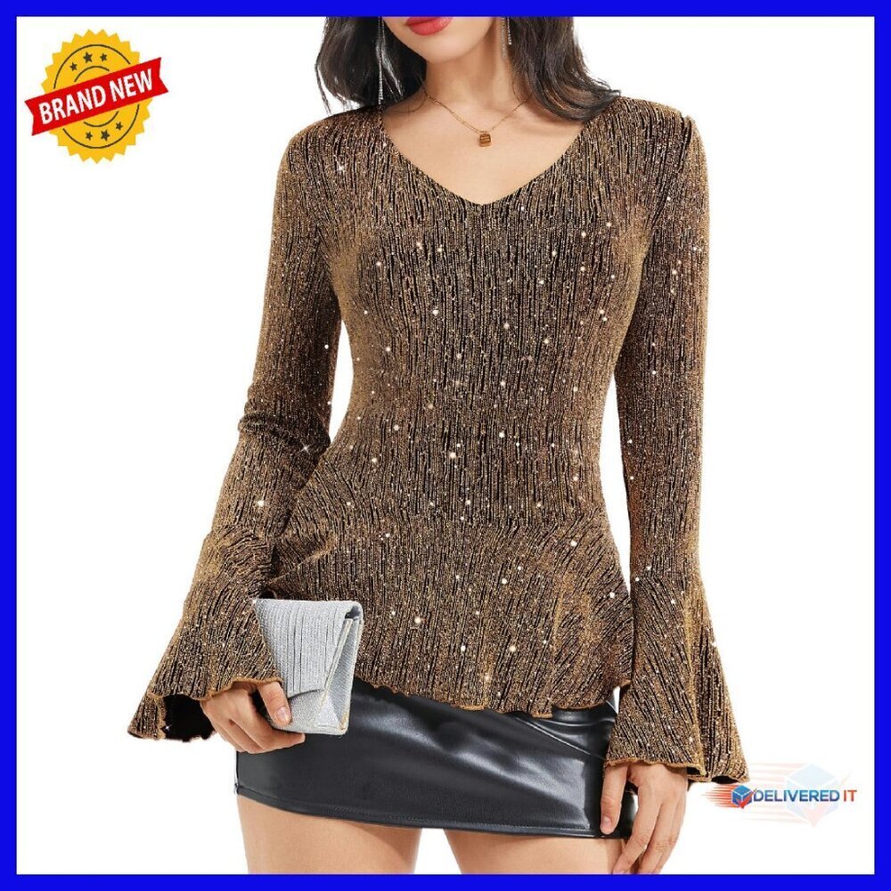 Long Sleeve V-Neck Sequin Blouse with Ruffle Hem, Sparkly Party Top